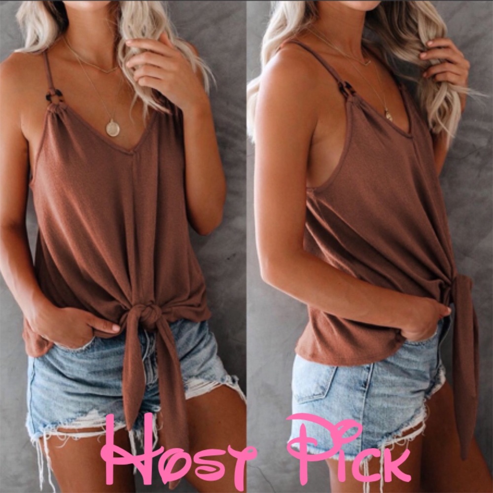 •Brown Quicksand Tie Tank Top w/ Hammock Neckline•